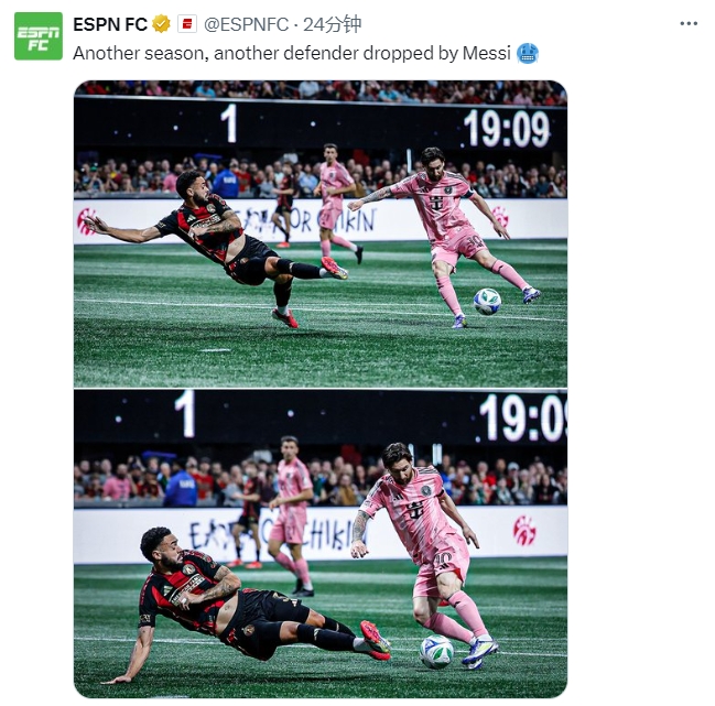  名場(chǎng)面記錄！ESPN曬照：又一個(gè)賽季，又一名后衛(wèi)被梅西扣倒